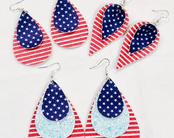 July 4th July Fourth triple leather teardrop leather leaf glitter earrings