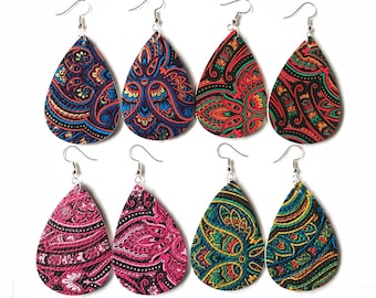Paisley Pattern Floral Print leather teardrop earrings