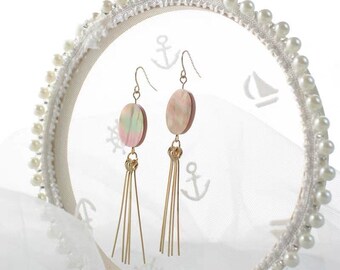 Minimalist elegant sea shell long drop dangle Earrings; abalone shell earings
