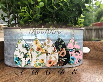 faux leather teardrop floral print earrings