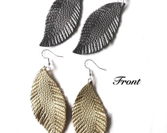 Gold Metallic leather feather teardrop earrings