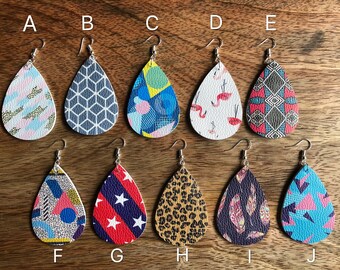 Faux leather leaf earrings, leather teardrop earrings, leopard teardrop, flamingo print, geometric teardrop earrings