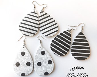 Strips Polka Dots Faux leather Teardrop earrings multi color both sides