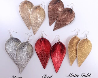 Metallic Faux leather leaf earrings, leather teardrop earrings, Leather Earrings