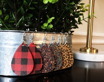 Buffalo Plaid Glitter Sparkle Leopard Prints Faux leather Teardrop earrings  both sides