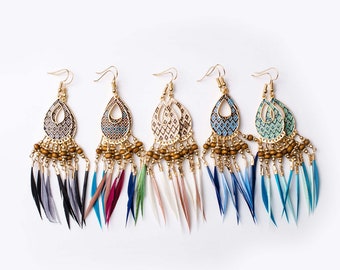 Boho Tribe Style Assorted Feather Earrings; Grizzly Rooster Feather earrings; Feather Tassel Fringe Earrings