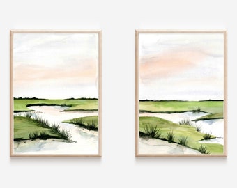 Marsh Paintings, Watercolor Marsh Paintings, Diptych Art, Diptych Marsh Painting, Side by side Marsh Prints, Marsh Prints, Marsh, Marsh Art