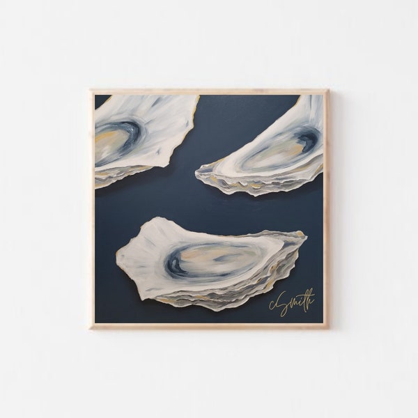 Oyster Art PRINT, Navy Oyster Art, Oyster Shell Art, Oyster Artwork, Oyster Shell Art, Oyster Painting, Beach House Decor, Beach House Art