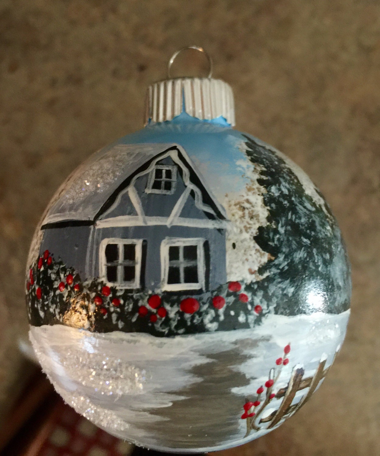 Hand Painted Glass Christmas Ornament Village Winter Scene Stowe Hand Painted Glass Christmas Ornament Village Winter Scene Stowe