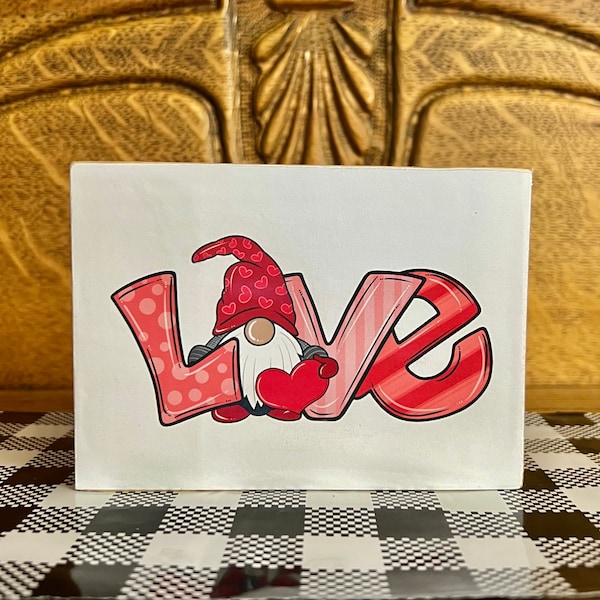 Valentines Gnome/ word Love wooden block sign, tiered tray decor, farmhouse, Winter Gnome, Rae Dunn inspired.