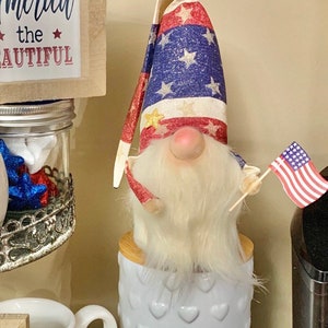 Stars Gnome Rae Dunn Inspired American Flag Patriotic Star Girl Gnome farmhouse Scandinavian Fourth of July Gnome tiered tray Nisse