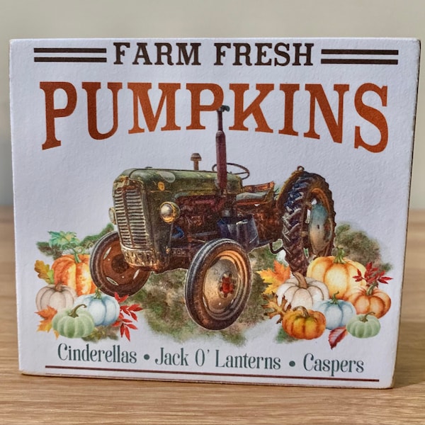 Green Tractor w/ Pumpkins wooden block sign, Fall decor, tiered tray decor, farmhouse, Pumpkins