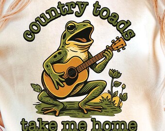 Country Roads Take Me Home Png, Trendy Country Music Png, Frog Shirt Designs, Frog Playing Guitar Png, Retro Frog Clipart