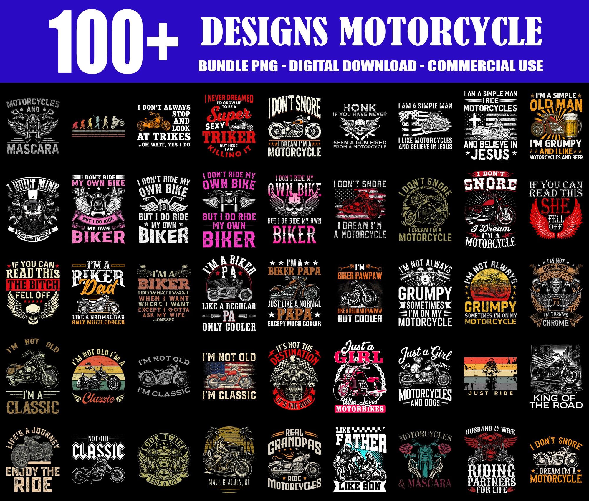 100+ Designs Motorcycle PNG Bundle, Streetwear Motorcycle Biker Png, Biker Graphic Png, Motorcycle Club Png, Motorcycle Png, Commercial Use