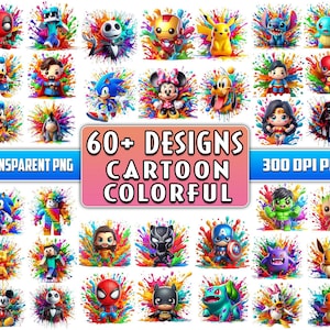 60+ Designs Watercolor Cartoon Movies Png Bundle, Cartoon Characters Colorful Bundle Png Sublimation, Cartoon Bundle Png, Digital Download