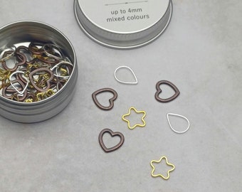 45 small stitch markers, stitch marker tin, knitting tin, lightweight, uk, sock, knitting notions, shawl stitch markers, knitting gift, ring