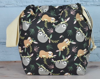 Medium drawstring project bag, drawstring knitting bag, project bag for knitting, shawl project bag, drawstring craft bag, uk, sloth