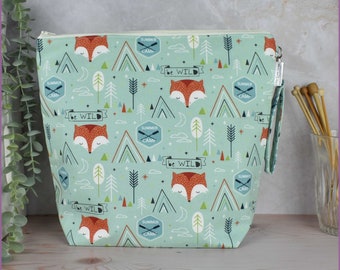 Large project bag with handle, fox knitting bag; gift for knitter, sac a projet, sweater, crochet, yarn, uk, handmade, zipped, wip