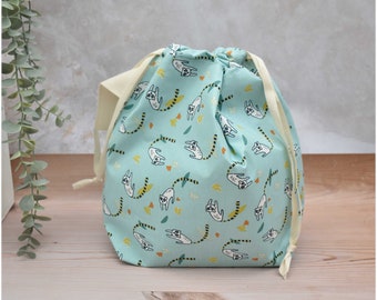 Medium drawstring project bag, drawstring knitting bag, project bag for knitting, shawl project bag, drawstring craft bag, uk, lemurs, cute