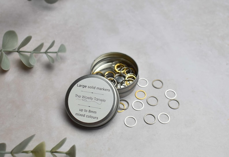 45 large stitch marker set, stitch markers in tin, knitting tin, snagless, uk, solid, notion tin, simple stitch markers, knitting gift, ring image 1