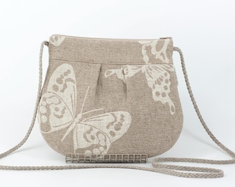 Linen Crossbody Purse, Small Shoulder Bag For Woman, Linen Purse With Butterfly