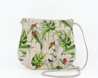 Linen Crossbody Purse, Linen Bag For Woman, Linen Daily Bag, Bag With Monstera