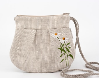 Natural Linen Crossbody Purse, Embroidered Mini Purse, Small Handmade Linen Purse