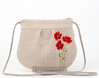 Bolso bandolera de lino, bolso de lino grueso bordado, bolso con amapolas