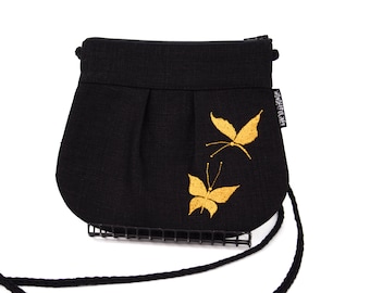 Black Crossbody Linen Purse With Embroidered Butterflies