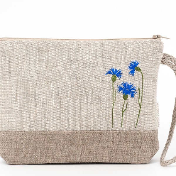 Linen Cosmetic Purse, Make Up Bag, Embroidered Linen Bag, Embroidered Cornflowers