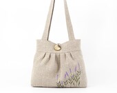 Thick Linen Hand Shoulder Bag With Lavender Embroidery, Burlap Bag For Women, Natural Flax Bag