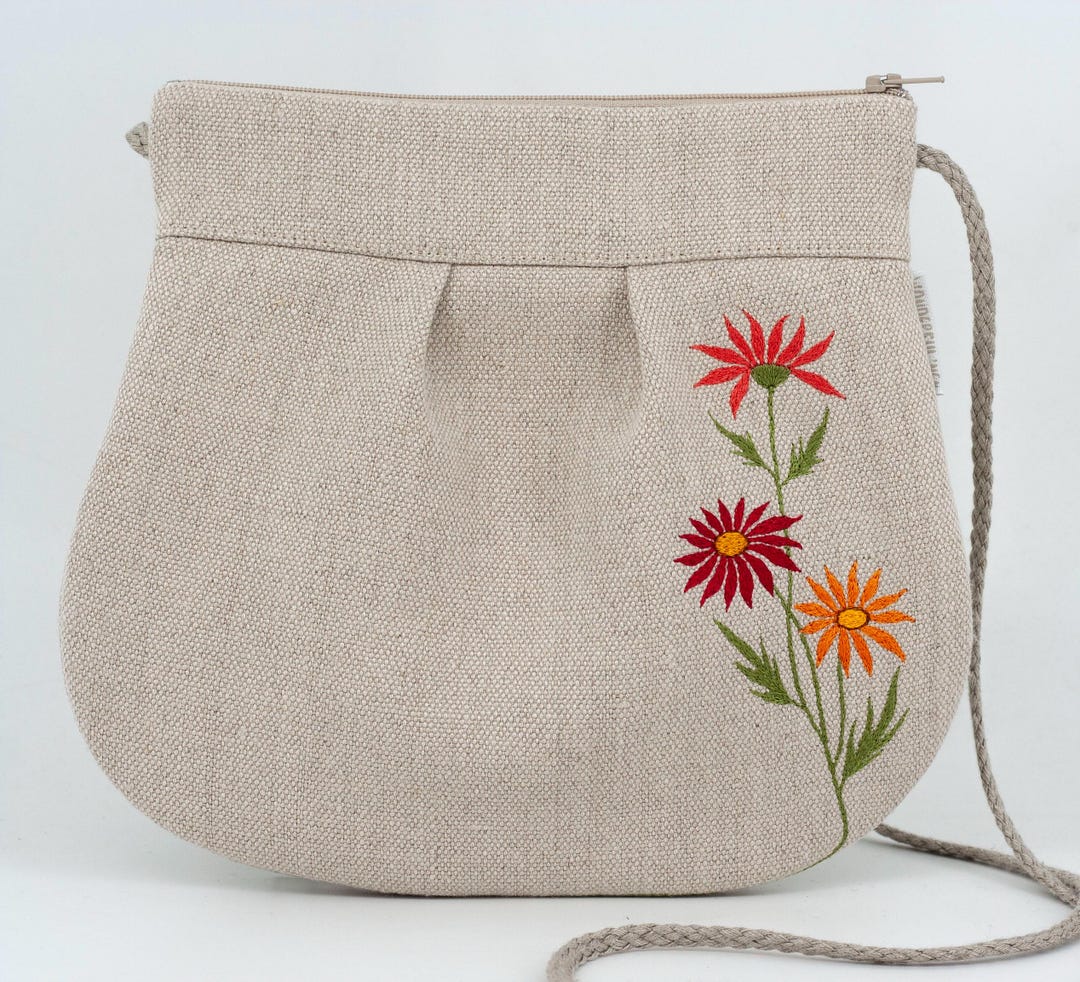 Linen Purse Linen Crossbody Purse for Lady, Embroidered Linen Shoulder Bag, Natural ...