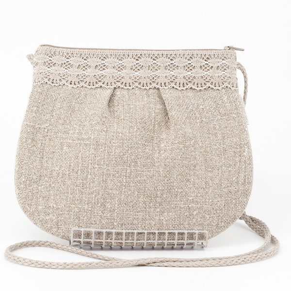 Pure Linen Crossbody Bag With Lace, Natural Flax Bag For Women, Burlap Crossbody Purse