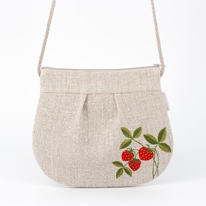 Bolso Bandolera De Lino, Bolso De Lino Grueso Bordado, Bolso De Lino Con Fresas