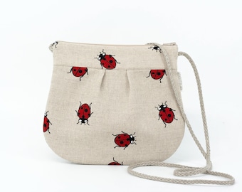 Linen Crossbody Bag, Purse For Woman, Linen Purse With Ladybugs