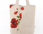 Linen Tote Bag, Market Bag, Flax Bag With Poppy, Shoulder Bag