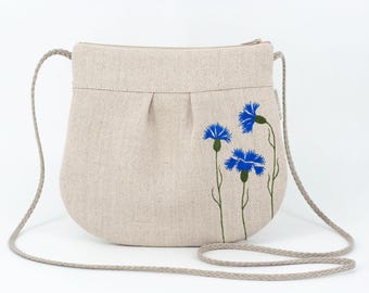 Linen Crossbody Bag With Cornflowers, Embroidered Linen Bag, Small Purse For Woman