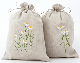 Linen Bags Set Of 2, Embroidered Linen Bags For Gifts,  Linen Gift Bags 2 Pieces