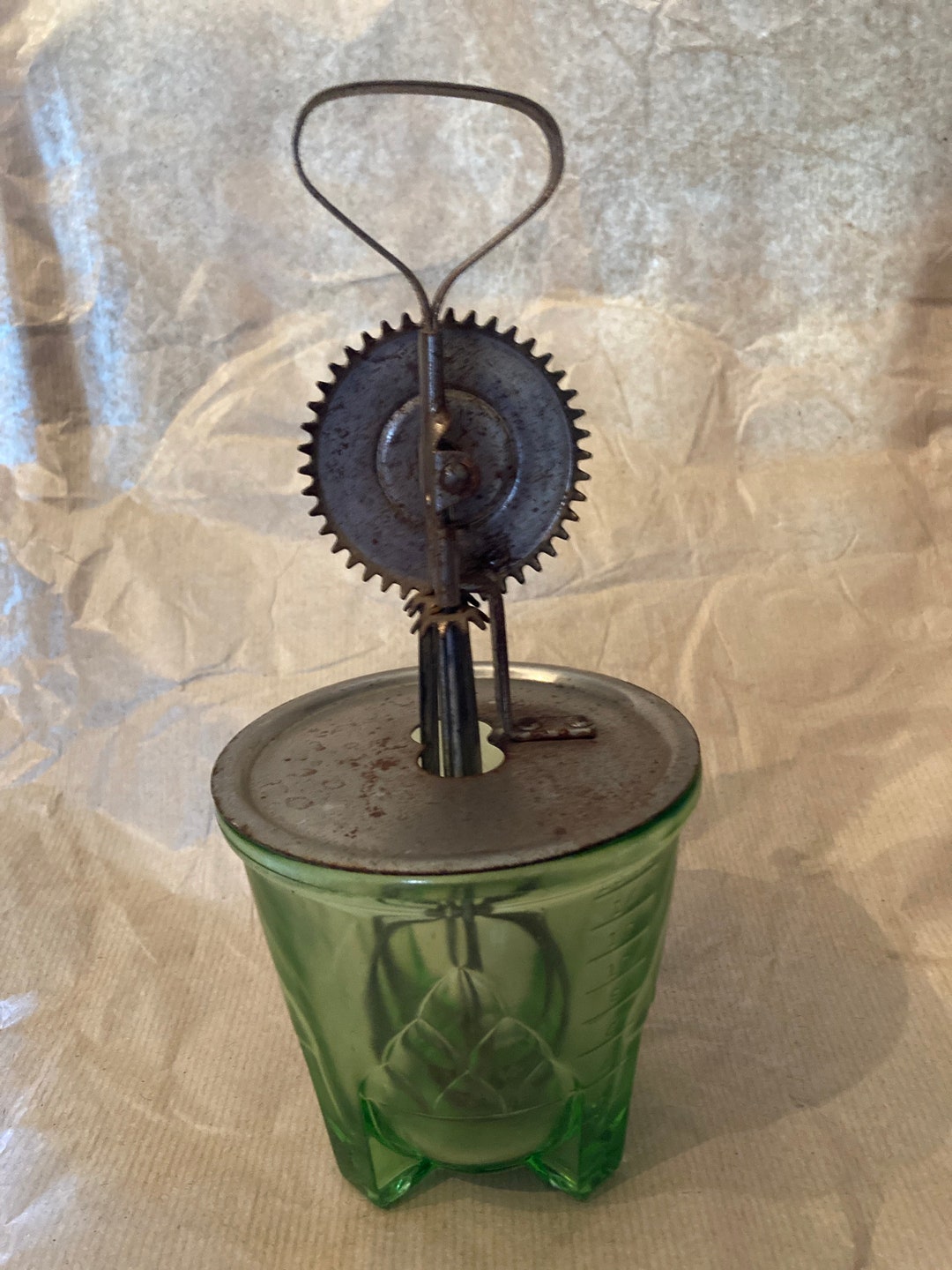 Green Depression Glass Measuring Cup With A&J Egg Beater Etsy