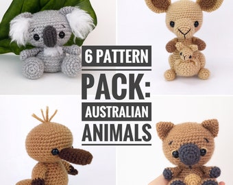May include: A set of six crochet patterns for making amigurumi Australian animals. The patterns include a koala, kangaroo, wombat, echidna, platypus, and a joey kangaroo. The patterns are available as a digital download.