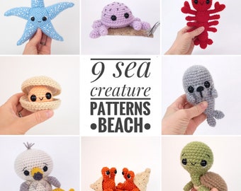 PATTERN PACK - 9 sea creature patterns: BEACH - baby sea turtle, clam, crab, hermit crab, lobster, seagull, seal, sea turtle, starfish