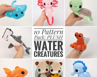 PATTERN PACK - 10 Plush Patterns - axolotl, clam, goldfish, hermit crab, mega ray, mini ray, otter, seahorse, sea turtle, hammerhead