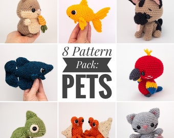 PATTERN PACK - 8 pets patterns - betta, cat, chameleon, german shepherd, goldfish, hamster, hermit crab, and parrot - PDF patterns