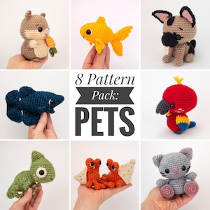 PATTERN PACK - 8 pets patterns - betta, cat, chameleon, german shepherd, goldfish, hamster, hermit crab, and parrot - PDF patterns