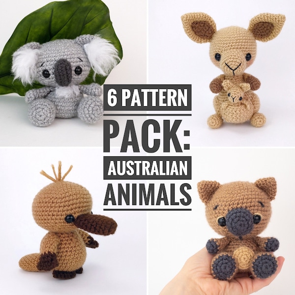 PATTERN PACK - 6 Australian Animal Patterns - cockatiel, kangaroo, koala, platypus, quokka, and wombat - PDF patterns