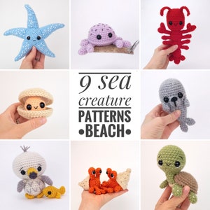 PATTERN PACK - 9 sea creature patterns: BEACH - baby sea turtle, clam, crab, hermit crab, lobster, seagull, seal, sea turtle, starfish