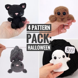 PATTERN PACK - 4 Halloween Pattern Pack - includes bat, tiny cat, ghost, and jumping spider patterns - PDF Patterns - English only