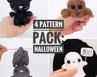 PATTERN PACK - 4 Halloween Pattern Pack - includes bat, tiny cat, ghost, and jumping spider patterns - PDF Patterns - English only