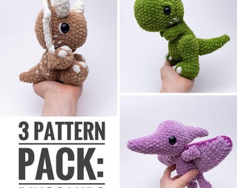 PATTERN PACK: 3 Dinosaurs - amigurumi trex, triceratops, and pterodactyl patterns - crocheted dinosaur pattern pack - PDF crochet patterns