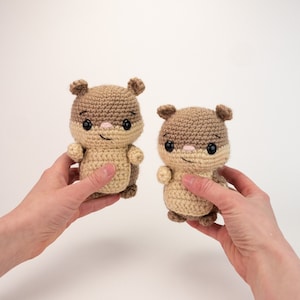 May include: Two crocheted brown and beige squirrel plushies with black eyes and pink noses. The plushies are being held by hands.